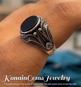 Bague en argent sterling avec onyx noir |   Gravure de feuille vintage, oxydée - Product Image 4