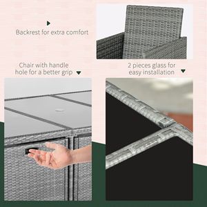 Set da pranzo da esterno in vimini a 8 pezzi con tavolo quadrato in vetro e cuscini, sedie e pouf salvaspazio in rattan - Product Image 6