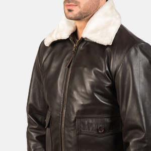 Chaqueta Bomber de Cuero Marrón Personalizada OEM para Hombre, Chaqueta de Invierno Impermeable de Cuero Genuino con Cuello Alto, Forro de Algodón 100% - Product Image 3
