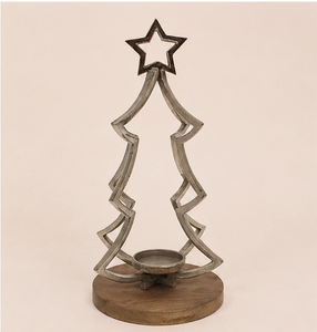 Handmade Metal Wire Christmas Tree Candle Holder With Rustic Mango Wood Base Elegant Silver Finish Tealight <b>Stand</b> For Home Table - Product Image 1