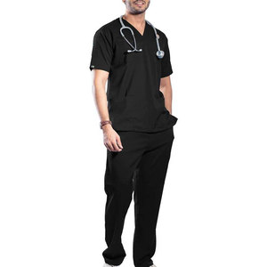 Men <b>Black</b> Scrub Set Short Sleeve V Neck Top Straight Leg <b>Pants</b> Hospital Uniform Cotton Polyester Blend Woven Cotton Fabric - Product Image 3