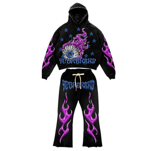 Custom Men's Oversized Tracksuit Black <b>White</b> Purple Flame Print Eyeball Graphic Star Flared Sweatpants Hoodie <b>Set</b> Wholesale Bulk - Product Image 1