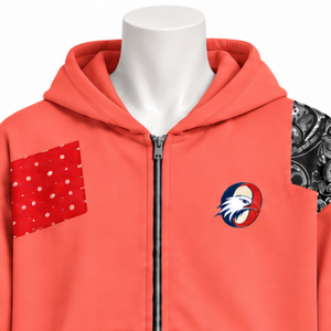 Sudadera con capucha y cremallera completa de patchwork de tapicería coralina, oversize, con estampado de parches, estilo casual streetwear, unisex - Product Image 3