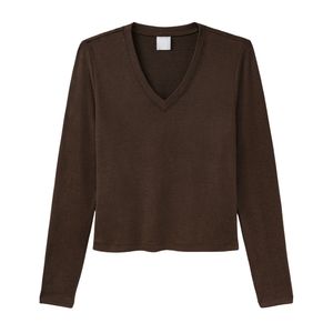 Camiseta de Manga Larga con Cuello en V para Mujer, Color Marrón, Corte Regular, Ecológica, de Secado Rápido, Transpirable, de Algodón, Informal - Product Image 1