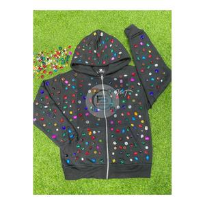 Sweat à capuche zippé de luxe avec strass, logo personnalisé, coupe oversize, en molleton épais, style streetwear unisexe avec cristaux brillants - Product Image 1