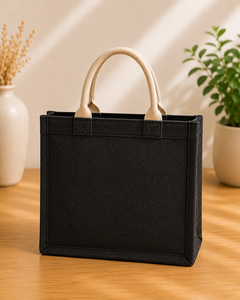 Sac fourre-tout en jute noir avec broderie de feuilles, poignée en corde torsadée, taille moyenne, ouverture supérieure - Product Image 4