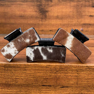 Pinzas de pelo de piel de vaca grandes personalizadas de marca, pinzas de pelo occidentales personalizadas, accesorios de cuero genuino para ocultar el pelo para mujer - Product Image 3