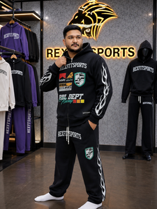 ชุดวอร์มมีฮู้ดซิปเต็มตัวสำหรับผู้ชาย REXFIT SPORTS เสื้อสเวตเชิ้ตพิมพ์ลายโลโก้และกางเกงขายาว ชุดลำลองใส่ได้ทุกวันสำหรับฤดูใบไม้ร่วง ทรงปกติ - Product Image 2