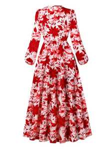 Robe longue décontractée en mousseline de soie à imprimé floral rouge pour femme, manches longues, col en V, manches bouffantes naturelles à volants, respirante, coupe trapèze - Product Image 2