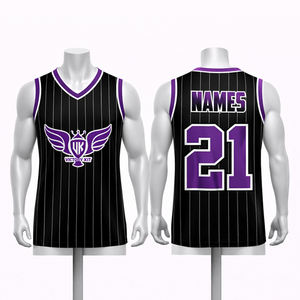 Camiseta de Voleibol Personalizada Negra y Morada sin Mangas con Rayas, Uniforme de Equipo Sublimado, Camiseta Deportiva con Nombre y Número Personalizados - Product Image 1