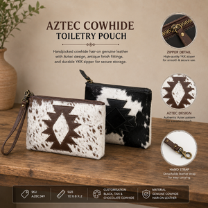 กระเป๋าใส่เครื่องสำอางหนังวัวแท้ |   กระเป๋าเครื่องสำอางแบบตะวันตก Aztec Hair-On พร้อมซิป, กล่องจัดระเบียบเครื่องสำอาง, รับผลิตตามแบบ OEM - Product Image 3