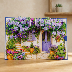 Tarjeta de felicitación 3D con diseño de casa de jardín emergente, con flores moradas y plantas en maceta. - Product Image 2
