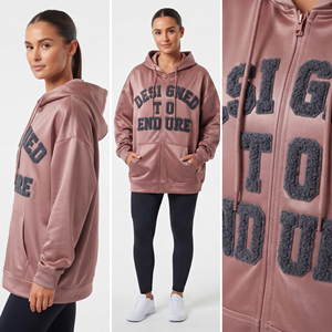 Sudadera con capucha extragrande para mujer, 100% poliéster, con letras bordadas en chenilla, con cremallera, hombros caídos, estilo deportivo - Product Image 4