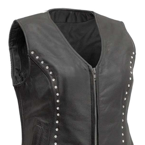 Gilet en cuir pour femmes, en cuir de vache véritable, fermeture éclair intégrale, sans manches, veste classique de motard pour femmes, en vente - Product Image 5