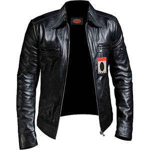 Veste moto en cuir véritable pour homme, col rabattu, fermeture éclair, coupe ajustée, tenue décontractée d'automne, noir - Product Image 3