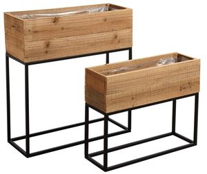 Rustic Set 2 Wooden Floor <b>Vase</b> <b>Square</b> Shape with Metal Stand for Floral Display Indoor Outdoor Decor - Product Image 1