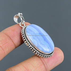 Colgante hecho a mano de Plata de Ley 925 sólida colgante de joyería de encaje azul hecho a mano colgante de plata sólida - Product Image 2