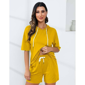 Superior Quality Winter 2-Piece <b>Short</b> Sleeve Summer Wear Hoodie <b>Shorts</b> Twin Set Solid Color Pullover Matching Sets For Ladies - Product Image 3