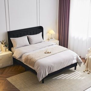 Full-Size Velvet Upholstered <b>Platform</b> <b>Bed</b> <b>with</b> Charging Station <b>Storage</b> Shelf Vertical Channel Tufted Wingback <b>Bed</b> Frame - Product Image 5