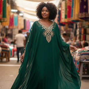 Robe de mariée islamique Awais House, coupe trapèze, en georgette, ornée de cristaux et de paillettes, écologique, simple, longue jusqu'au sol, à manches longues, pour festival d'été - Product Image 1