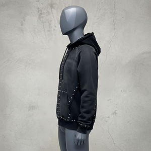 Custom Men's Black <b>Zip</b> <b>Up</b> Hoodie Fleece Hooded Sweatshirt Studded Front Detail Oversized Streetwear <b>Jacket</b> - Product Image 5