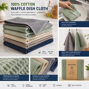 100% Cotton Waffle Square Dish <b>Cloth</b> Quick-Dry Kitchen Scrubber-Damask Woven 300-499 GSM Scouring Pad for Dishes - Product Image 1