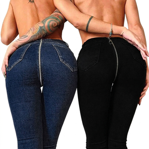 Jeans de Cintura Alta Personalizados para Mujer, Marca Propia, Pantalones Ajustados Elásticos con Cierre Trasero, Jeans de Mezclilla Ajustados con Abertura en la Entrepierna - Product Image 1