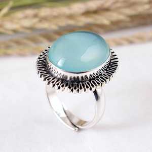 แหวนเงินแท้ 925 ประดับพลอยอะควาคาลซีโดนี งานแฮนด์เมดสไตล์วินเทจ โบโฮ ลายฟิลิกรีรูปนก เครื่องประดับอัญมณีสำหรับทุกเพศ เหมาะสำหรับงานแต่งงาน - Product Image 4