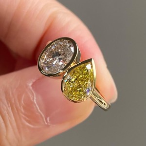 Premium Toi Et Moi 1.00 CT Pear Yellow Oval Lab Grown Diamond VVS2 Clarity Platinum Bezel Set <b>Open</b> Band Engagement <b>Ring</b> IGI - Product Image 1