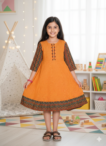 Robe Anarkali pour enfants en coton à imprimé géométrique, couleur moutarde, tenue traditionnelle ethnique pour les fêtes, robe évasée confortable pour filles - Product Image 3