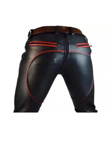 Men's <b>Black</b> Leather Biker <b>Pants</b> with Red Stitching Mid Waist Straight Fit Casual Lightweight SPECIOUS SPORTS 2027 - Product Image 4