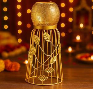 Candelabro de Metal Dorado con Diseño de Hojas, Portavelas Redondo de Vidrio, Decoración para el Hogar - Product Image 4