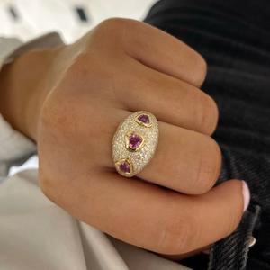 Anillo de Zafiro Rosa con Corte Corazón, Pavé de Diamantes Redondos Cultivados en Laboratorio, Solitario, Media Eternidad, Cúpula, Lujoso y Elegante, para Cóctel, Oro Sólido de 14K y 18K - Product Image 2