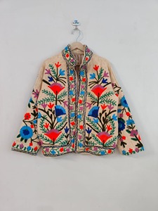 Veste en laine brodée florale bohème, col mandarin, manches longues, fermeture éclair, vêtement d'automne, vêtements décontractés pour adultes - Product Image 2