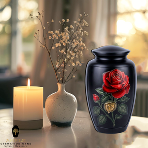 Urna Funeraria de Estilo Europeo con Rosa Negra y Diseño Floral Rojo para Cenizas de Adultos, Ecológica y Personalizable - Product Image 3