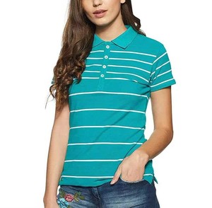 Polo a Rayas para Mujer, Manga Corta, Largo Regular, Tela Oxford de Algodón, Estilo Casual, Transpirable, Blanco con Rayas Verde Azulado - Product Image 1