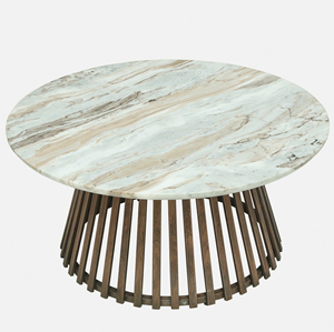 High Quality Decorative <b>Round</b> Shape Natural Marble <b>Top</b> With Slatted Wooden Base In Brown Finish Luxury Home Decor Coffee <b>Table</b> - Product Image 3