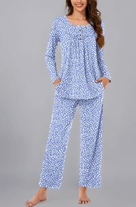 Conjunto de Pijama Suave para Mujer, 2 Piezas, Algodón Hilado en Anillo, Camiseta de Manga Larga y Pantalones, Ropa de Dormir Cómoda - Product Image 2