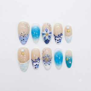 Medio Almendra Uñas Acrílico Blanco Cielo Azul Zafiro Azul Marino Pre-diseñado Artsy Pintado a mano Diseño de dedo Vibe Cerulean Acrílico - Product Image 1
