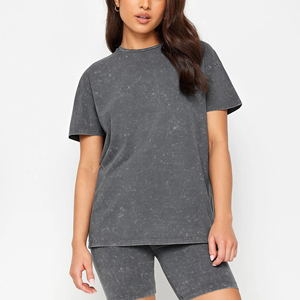 Women's Summer Distressed Black Breathable T-Shirt <b>Crop</b> <b>Top</b> Vintage Letters Embroidery O Neck Acid Washed Jersey Solid T shirt - Product Image 2