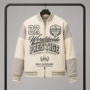 Blouson universitaire unisexe en velours côtelé PU, design unique, beige, manches contrastantes, fermeture éclair frontale, patchs décoratifs, logo Prestige mondial, hiver - Product Image 6