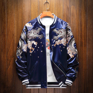 Blouson Bomber Unisexe en Toile Brodé Double Dragon Phénix, Patchwork, Léger Printemps, Souvenir, Enduit, pour Homme et Femme - Product Image 1