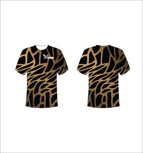 Camiseta Deportiva Ligera de Manga Corta Sublimada Personalizada con Estampado Abstracto Moderno de Jirafa en Dorado y Negro - Product Image 1