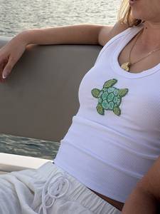 White Ribbed <b>Tank</b> Top Multicolor Beaded Fish Embroidery Patch Sleeveless Summer Vest design custom design embroidery bedded - Product Image 6