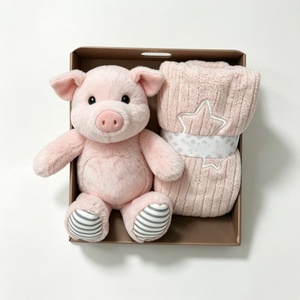 Coffret cadeau personnalisé sur le thème rose pour baby shower, comprenant un cochon en peluche rose et une couverture tricotée, jouet en peluche cochon nouveau-né et panier de couverture tricotée étoile. - Product Image 4