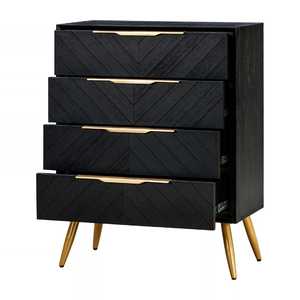 Contemporary Wooden <b>Tallboy</b> Chest With Decorative Chevron Panels, Multiple Drawers And Sleek Golden Legs For Bedroom Furniture - Product Image 4