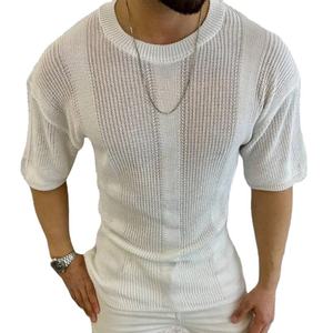 T-shirt à manches courtes pour homme, coupe classique, col rond, 100% coton, respirant, décontracté, rayé, jersey tricoté, 320g, blanc - Product Image 5