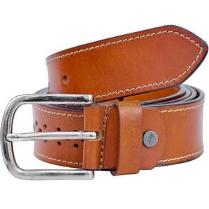 Designer Hand <b>Punch</b> Tan Genuine Leather Men's Fashion Casual Belt with Durable Strong Edge Stitching and Nickel Brass Buckle - Product Image 2