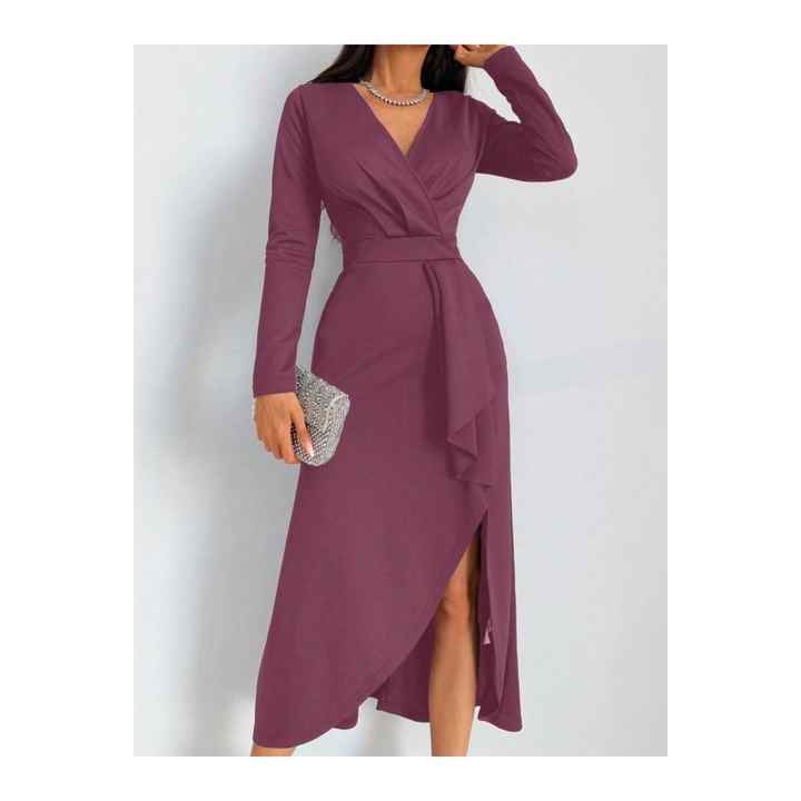 Women's Long Sleeve Double Breasted Collar Cross Slit Detail Crepe Dress - 83149