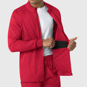 Men's <b>Red</b> Medical Scrub Jacket Full Zip Long Sleeve Polyester Uniform Outerwear Hospital Workwear Apparel - Product Image 4